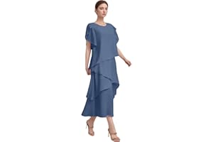 Chiffon Mother of The Bride Dresses for Women Tea Length Formal Wedding Guest Dress with Sleeves