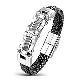 Areke Men's Stainless Steel Braided Leather Bracelets, CZ Punk Cuff Bracelet Bangle Silver 7.5-8.5 inch