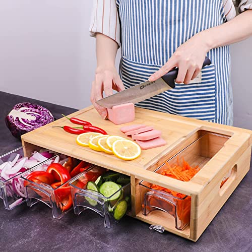 Bamboo Cutting Boards with Containers for Kitchen, Large