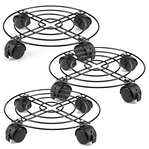 Tosnail 3 Pack 10.5″ Round Metal Plant Caddy Plant Dolly Plant Stand Plant Holder with Caster Wheels – Black