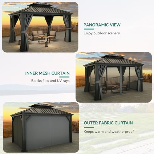 YITAHOME 10x12ft Hardtop Gazebo with Double Galvanized Roof, Netting & Curtains image 27