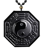 MOHICO Black Obsidian Pendant Necklace, Tai Chi Obsidian Amulet Chain Yin Yang Pendant Necklace, Engraving Crystal Natural Black Obsidian Stones Gossip Pendant Extend Bead Chain for Men or Women