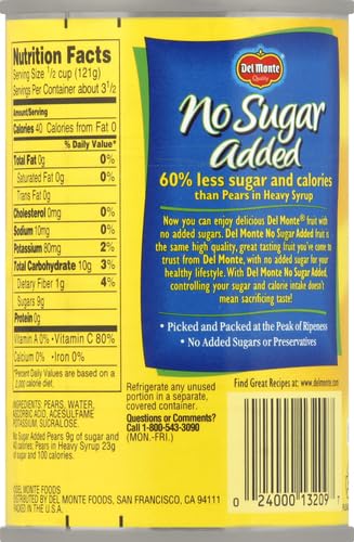 DEL MONTE CANNED BARTLETT SLICED PEARS IN WATER, ARTIFICIALLY SWEETENED, NO SUGAR ADDED, 14.5-OUNCE