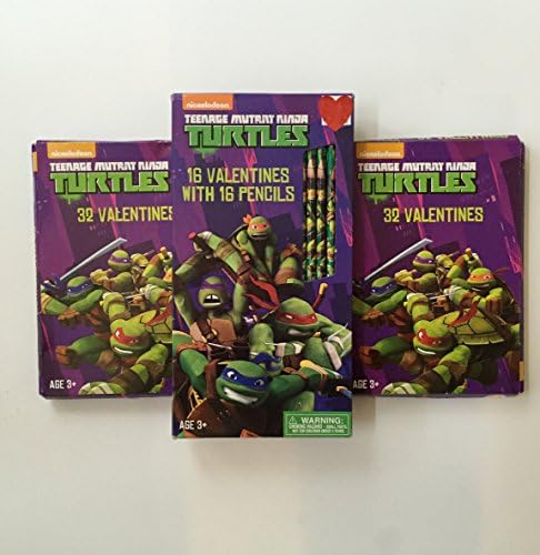 Teenage Mutant Ninja Turtles Valentine Cards: 2 Boxes of 32 count each and 1 Box 18 Valentines with 18 Pencils Bundle (3 Items)