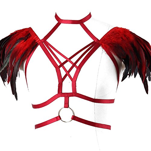 Red Feather Harness Caged Bralette Epaulette Wings Body Crop Top Plus Size Goth Fetish Art Clothing - Thumbnail 3