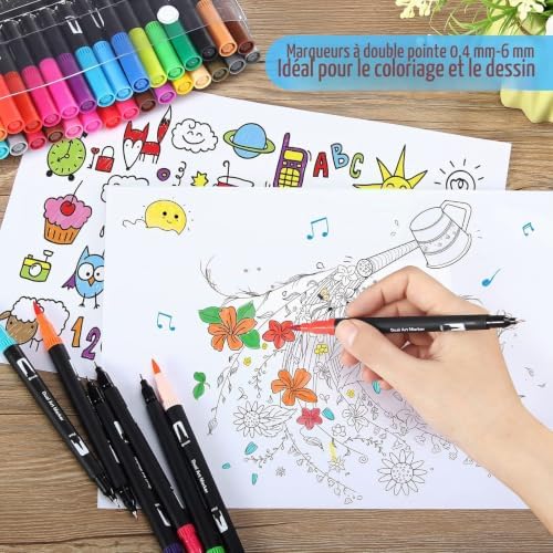 36 Pièces Feutre Double Pointe, avec des Extrémités Doubles, Feutres Coloriage Pointes Fines et Pinceau, Adulte Enfant Brush, pour Coloriage Dessin Lettrage Esquisse Pâques Noël (36 Couleurs)