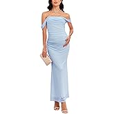 AISWI Women's Maternity Off The Shoulder Maxi Dress Mesh Ruched Bodycon Pregnancy Dresses Baby Shower Photoshoot