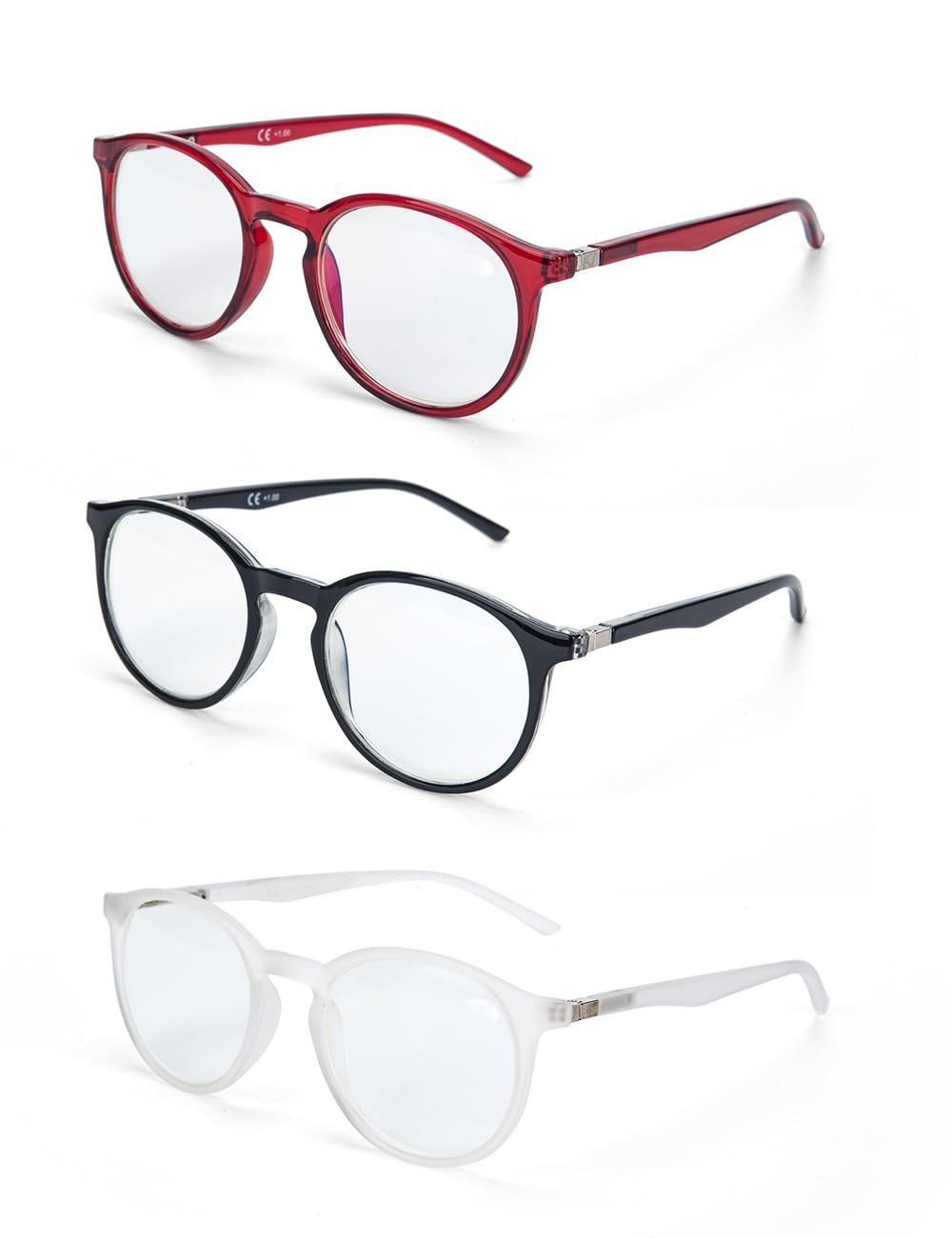 LANLANG 3-Pack Blue Light Blocking Glasses Reading Glasses 3.5 for Women with round frame Anti Eyestrain 3 Colors(Black, Winered, Dumb transparent) including 0-3.5 diopters L-L006