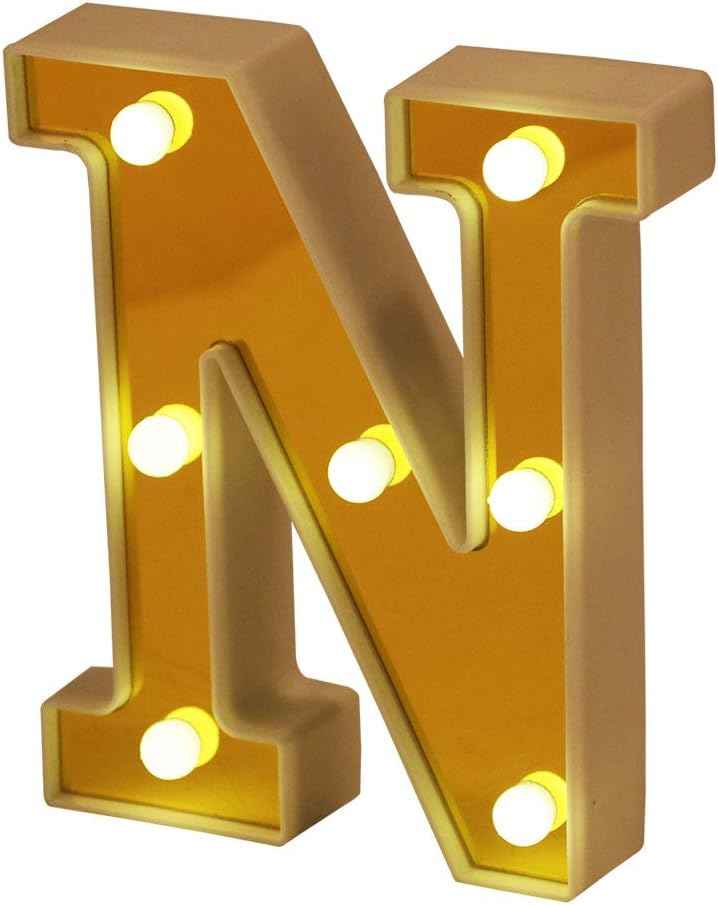 Hon Plume LED Marquee Letter Lights 26 Alphabet Light Up Letters Battery Power Golden Sign LED Wall for Home Bar Festival Christmas Lamp Night Light Birthday Party Wedding Decorative (N)