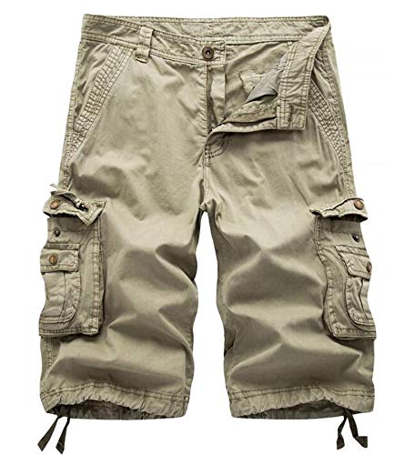 Winoto Mens Camo Cargo Shorts Multi Pockets Camouflage Twill Cargo Short, Khaki, 38