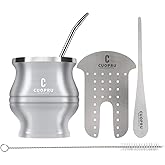 Cuopru Yerba Mate Cup - Mate Gourd Set Includes Double Walled Stainless Steel Tea Cup, Tea Shaper set, Bombilla Straws, Cleaning Brush (Silver)