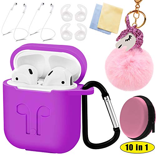 10 in 1 Apple Airpods Case Cover Accessories Kits – Protective Silicone Case Cover, Anti-lost Carabiner, Strap, Cute Pom Poms Unicorn Keychain, Wireless Earbuds Hooks, Storage Box, Lens cloth (Purple)