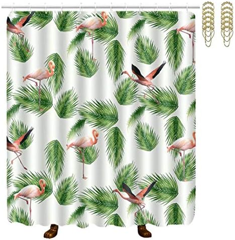 Setyserytu Floral Printed Bath Shower Curtain Waterproof Heavy Duty Fabric Shower Curtain Liner for Bathroom Showers Stalls and Bathtubs (70"x70" Flamingo Green Palm Leaf)