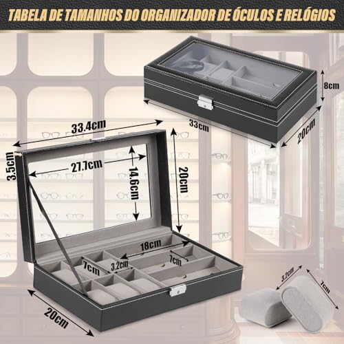 Porta Relógio Masculino, Mostra de Relógios e Óculos, Porta Relógios Caixa Estojo para 6 Relógios 3 Óculos, Caixa Porta Relógio, Caixa de Armazenamento de Relógio com Tampa, Porta Oculos Organizador