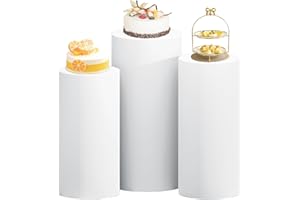 ROMANKAS White Cylinder Stand Cover Spandex Cylinder Pedestal Cover Set of 3 Round Pedestal Plinth Display Box Stand Stretchable Cylinder Cover Vintage Pillar Covers for Party Birthday Banquet Decor