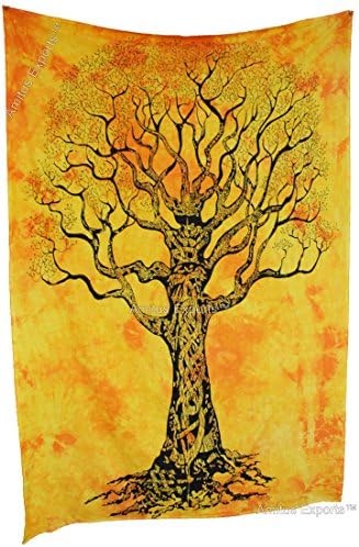 Amitus Exports(TM) Premium Quality 1 X Tree of life Yellow Tie Dye Color Size 81"x54" (Approx.) Inches Indian Mandala Tapestry Thin Cotton Fabric Throws (Handmade In India)