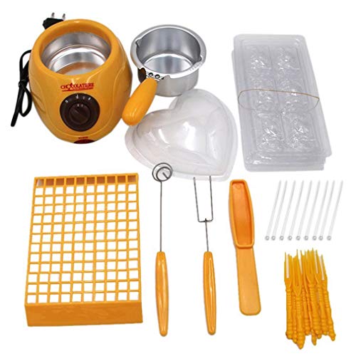 Zz Pro Electric Chocolate Melting Pot, Cheese Fondue Pot, Home made Fondue Set for Multiple use - with all shapes molds, 10 plastic skewer, 10 plastic forks, 1 spiral fork, 1 flat fork (Single, Yellow)