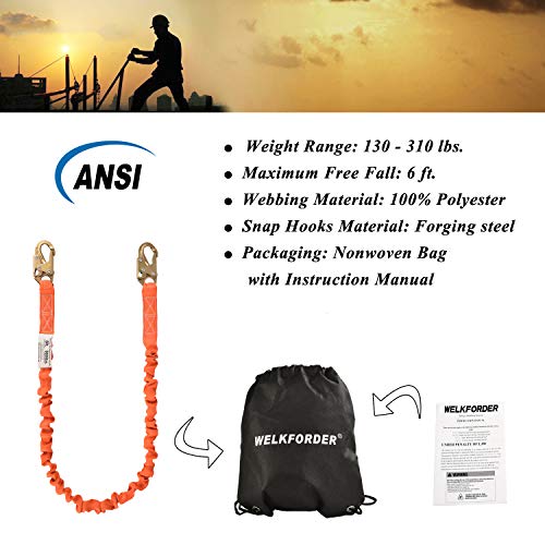 WELKFORDER 6-foot Internal Shock Absorbing Safety Lanyard with Double Snap Hook Connectors ANSI Z359.13-2013 Compliant Fall Protection Equipment (WFL001)
