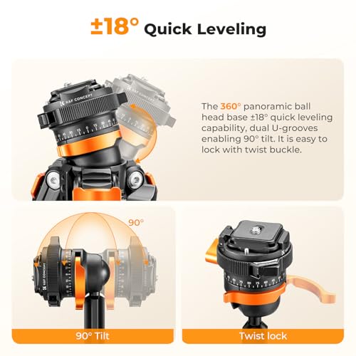 K&F CONCEPT 60"/153cm Carbon Fibre Tripod for Camera, 0.9kg Ultra-Lightweight Travel Tripod with ±18° Leveling 360° Panorama Head, Detachable Center Axis, Arca Type QR Plate, 10KG Load Capacity