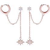 SLUYNZ 925 Sterling Silver Small Hoop Cuff Earrings Wrap for Women Double Piercing Earrings Chain Cartilage Helix Earrings Star Tassel