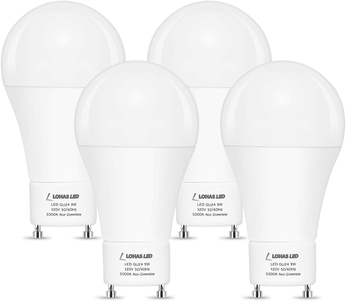 LOHAS LED GU24 Base A19 Light Bulbs, 9W (60W Equivalent), 5000K Daylight 2 Prong Twist-in Light Bulb for Ceiling Lights, Pendants, Floor Lamps, Wall Lamp, Non-Dimmable, 800 Lumens, 4Pack