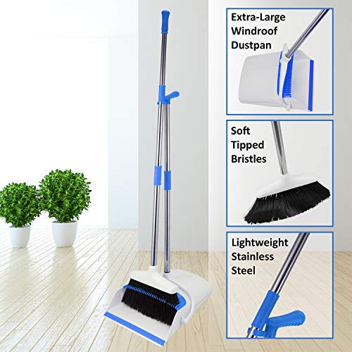 Broom and Dustpan Set - Strongest 30% Heavier Duty - Upright Standing Dust Pan with Extendable Broomstick for Easy Sweeping - Easy Assembly Great Use for Home, Office, Kitchen, Lobby Etc.- by Kray
