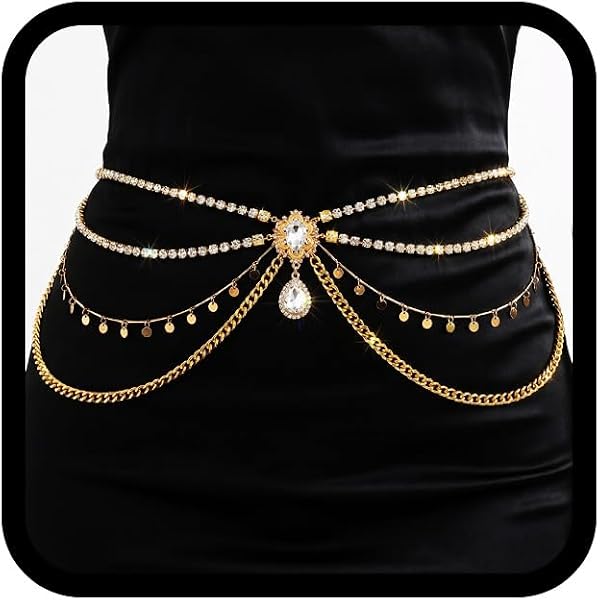 Gold Metal & Pearl Layer Statement Adjustable Chain Belt 80s Gold Tone Metal Draped Chain Belt | Lariat Tassel Gold  main image 2