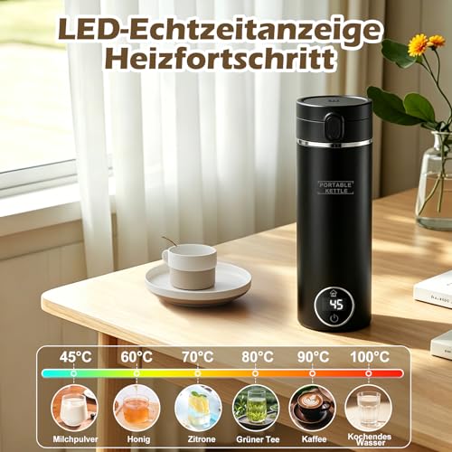 Electric Travel Kettle Small 500 ml / 300 W, Portable Kettle Mini Water Cup 316 Stainless Steel with 6 Temperature Settings, Small Kettle for Thermos Flask Baby, Tea, Coffee, Black