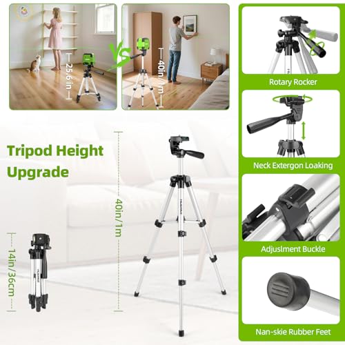 Laser Level with 100cm Tripod, Huepar 30M Lazer Level Self Leveling Green Cross Line Laser Leveler Tool for Picture Hanging, Tile, Construction Indoor Project, Battery & Carrying Bag Included