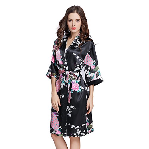 Amzchoice Women's Short Sleeve Kimono Robe Peacock & Blossoms for Spa, Wedding Bridal and Bridesmaid (M, Black)