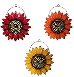 Oak Street Sunflower Metal Wall Decor, One Orange, One Red, One Yellow Flower for Indoor Living Room, Bedroom, Bathroom or Outdoor Garden and Patio