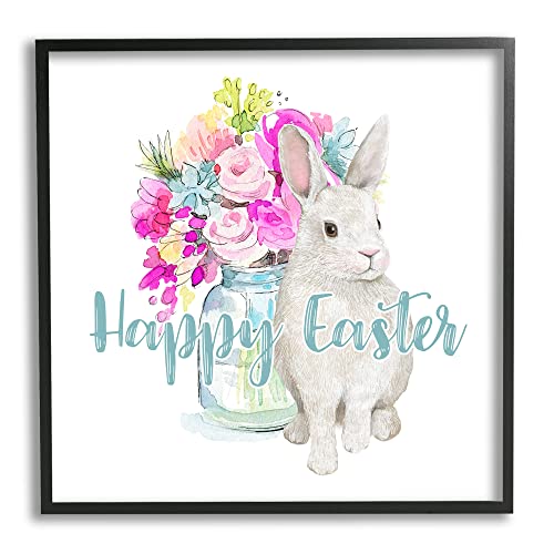 Stupell Industries Happy Easter Calligraphy Bunny Pink Flower Bouquet, Design b…