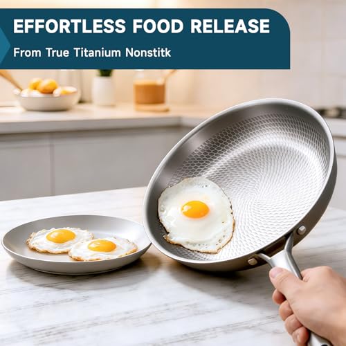 Vutlace Stainless Steel Frying Pan with Lid, 5-Ply Clad Titanium Frying Pan, Uncoated, Titanium Construction, Induction Cookware, Cooking Pan, Stir Fry Pan, Dishwasher Safe Pan, Includes Lid (28cm)