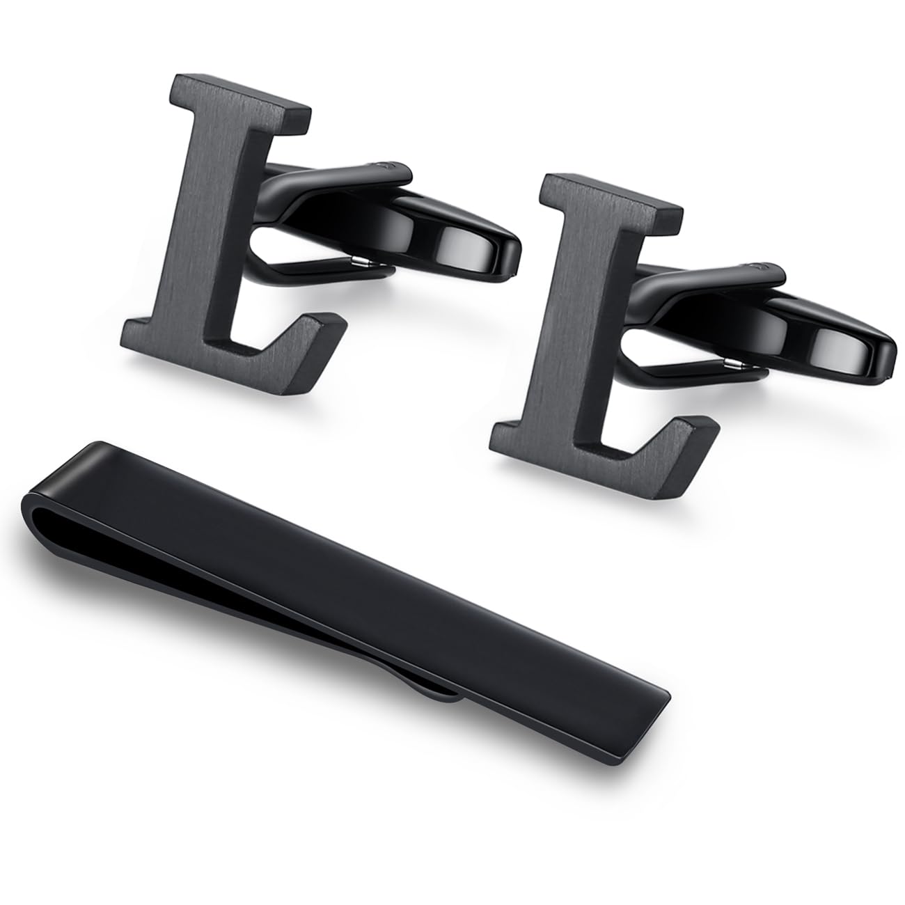 Honey Bear Initial Alphabet Letter Cufflinks Tie Clip Set for Mens - Black Stainless Steel, for Business Wedding Gift A - Z (L)