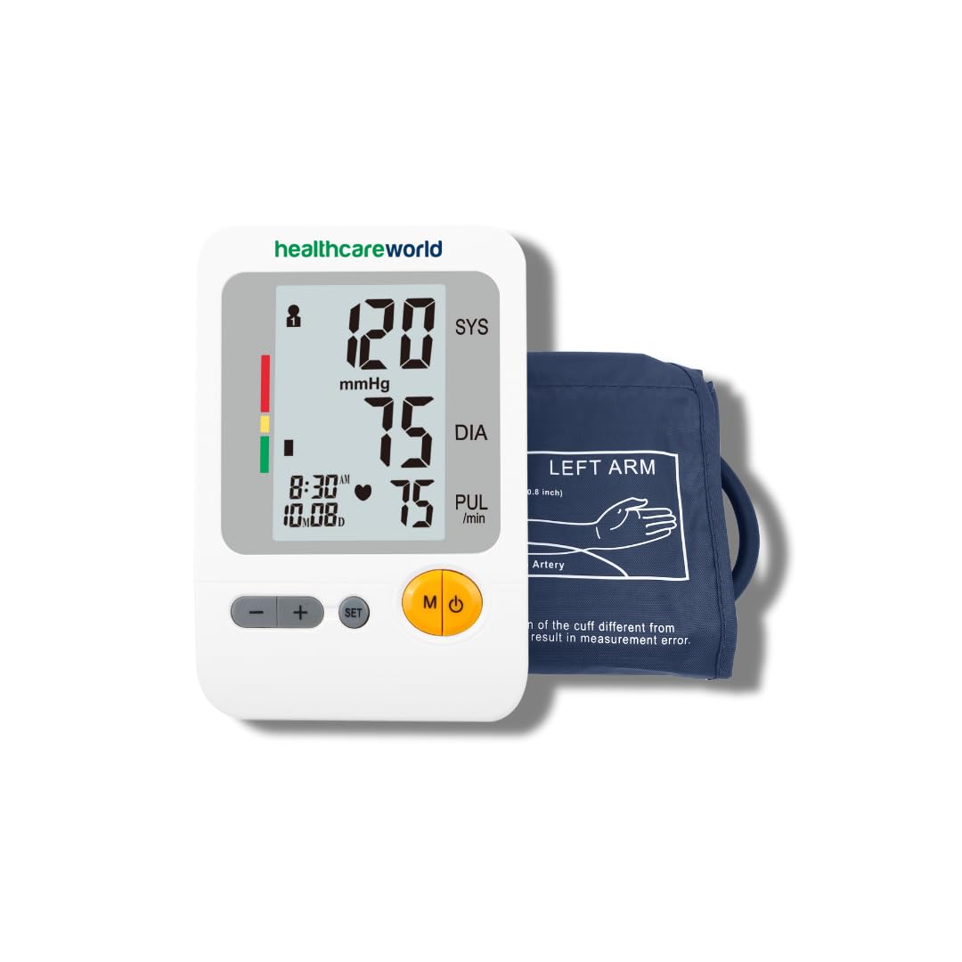 Healthcare World Upper Arm Digital Blood Pressure Monitor with Dual Cuffs (30‑42 cm & 22‑36 cm) – Automatic Inflation, LCD Display, WHO Hypertension Indicator, Heart Rate & Health Tracker for Seniors