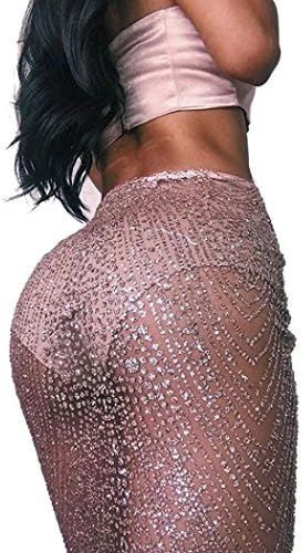 tosangn Women Sexy Sequins Transparent Shorts High Waist Sequins Party Miniskirts (Rose Gold, M)