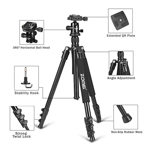 ZOMEI F647 64.5-Inch Camera Tripod Lightweight Aluminum Alloy Travel and Compact with 360 Degree Ball Head and Carrying Bag for Canon, Nikon, Sony, Samsung, Fuji Camera and DSLR