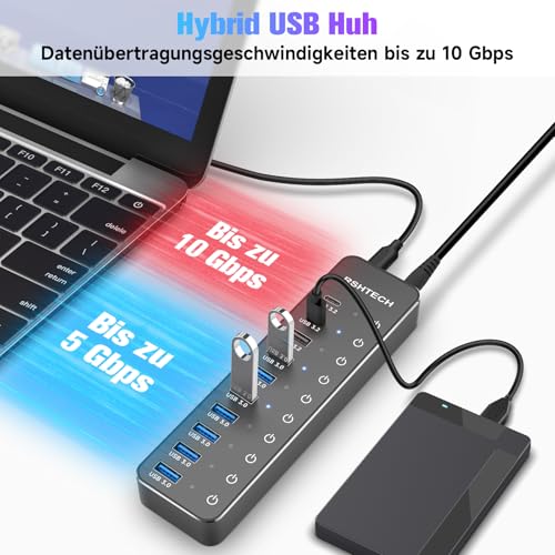 USB Powered Hub, RSHTECH 10 Ports USB 3.2/C Hub with Type-A 3.2, 2X Type-C 3.2 10Gbps Data Port, 7X Type-A 3.0 Ports and 12V/5A 60W Power Supply, Individual Touch Switches USB Hub, RSH-ST10C