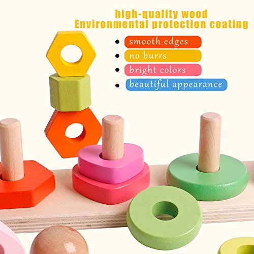 Wooden Four Column Tower Rainbow Stacker Stacking Ring Game Toddler