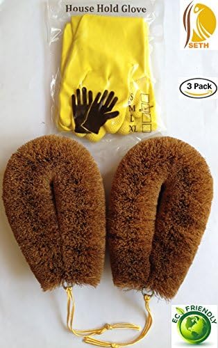 SETH - 6 Inch : 2 x Vegetable Scrub Brush|Fruit Cleaning Coconut Bristle Fiber Brush|Coco brush|Coir brush|Coir Fiber Dish Glass Utensil Washing Brush – Bundled with a M Size Household glove.