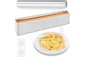 SKYXIU Magnetic Refillable Plastic Wrap Dispenser with Cutter,Tin Aluminum Foil Dispenser with Cutter,Magnetic Cling Film Dispenser with 2 Sticky Hooks,Tin Aluminum Foil Dispenser with Slide Cutte