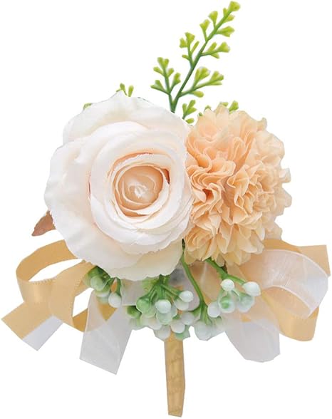 Amazon 俊敏なブートニア1ピース手作りブライダル新郎ウェディングブートニアピン人工ローズ蝶結びラペルブローチパーティースーツ装飾シャンパン 造花 オンライン通販