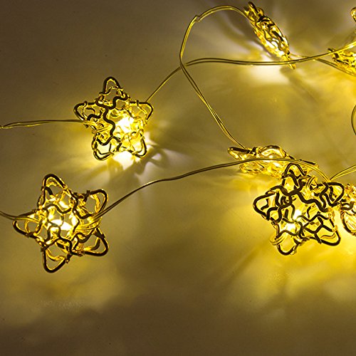 Christmas Workshop Battery Operated 20 Micro Warm White LED Golden Metal Star String Lights, Metal, Gold,
