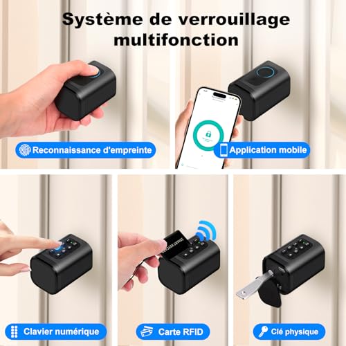 Smart Lock, Electronic Fingerprint Lock, Adjustable Length Smart Lock, Electronic Lock with RFID Card Application, WiFi, Bluetooth, 60-90mm, Extension Accessories, Black