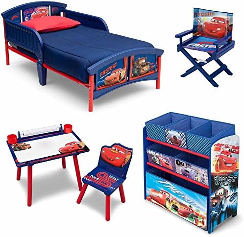 NEW! 5 Set Room-in-a-Box Toddler Bed with Safety Rails Multi-Bin Toy Organizer with Six Fabric Toy Box Table and Chair Art Desk Set, Plus Director's Chair (Disney Cars)