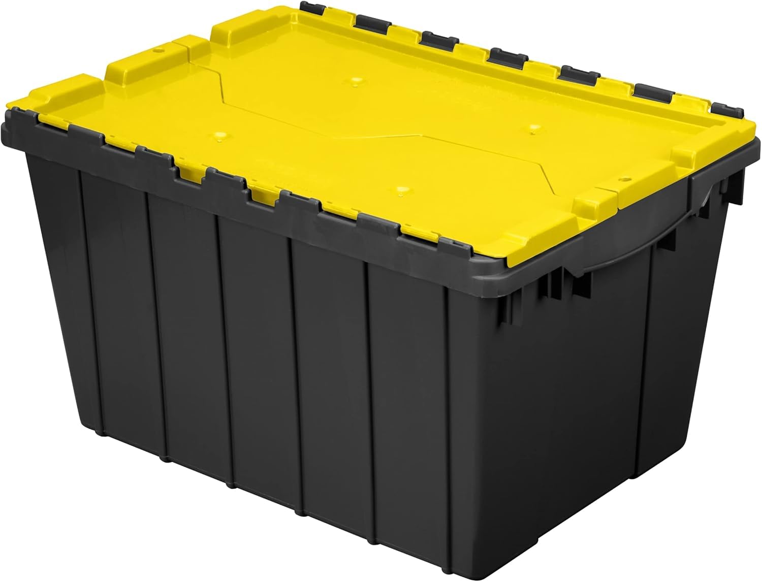 Photo 1 of ***(MINOR DAMAGE/ LID IS BROKEN)***Akro-Mils KeepBox 12 Gallon Storage Container, Nesting and Stackable Plastic Storage Box with Lid Attached, Clear Tote for Garages, Closets, and Moving, 21-1/2" x 15" x 12-1/2", Black/Yellow