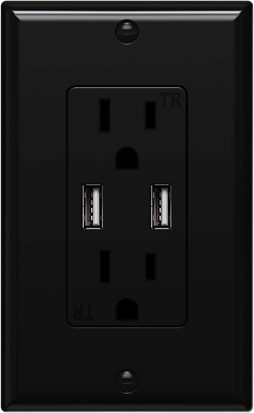 WEBANG USB Wall Outlet Black 3.6A Dual High Speed USB Charger Electrical Outlet 15Amp/125V Receptacle 1 Pack Wall Plate Screw Included