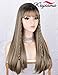 K'ryssma Synthetic Wig Ombre Brown Dark Roots with Bangs Straight Wigs Long Brown Glueless Heat Resistant Hair for Women