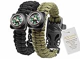 1# BEST Value For Money A2S Survival Kit Paracord Bracelet Set of 2 with Compass Flint Fire Starter, Stainless Fire Scraper, Emergency Whistle (Black / Army Green)