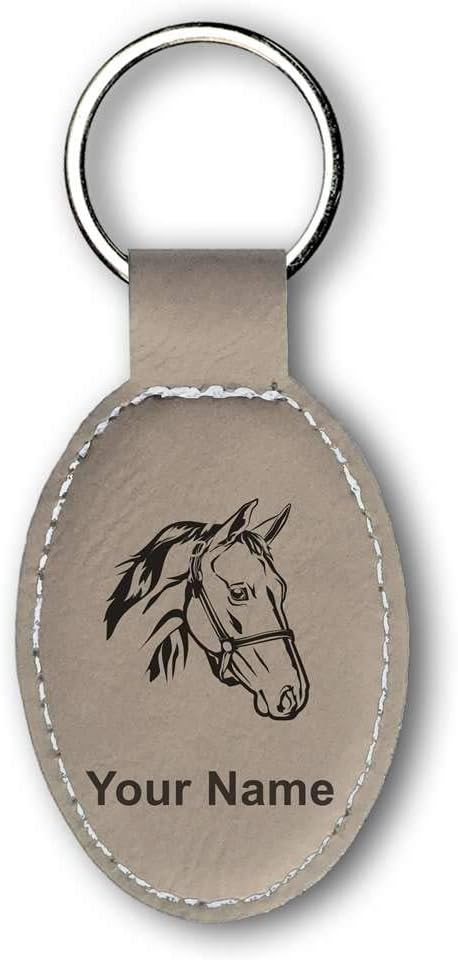 Oval Keychain, Horse Head 2, Personalized Engraving Included (Light Brown)